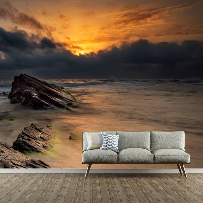 Aqua Rock in Sea Mural Wallpaper Moisture Resistant Tropics Living Room Wall Art
