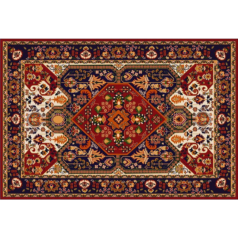 Red Tone Moroccan Area Rug Polyester Ethnic Print Indoor Rug Anti-Slip Backing Carpet for Home Decor