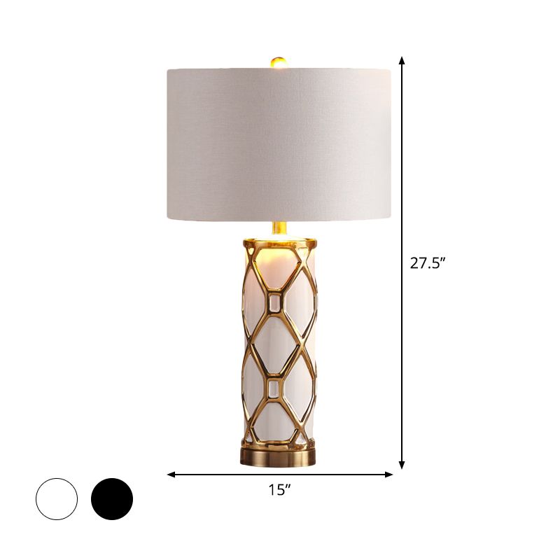 13"/15" W Fabric Cylinder Night Table Lamp Postmodern 1 Light White/Black Metal Nightstand Light for Bedroom