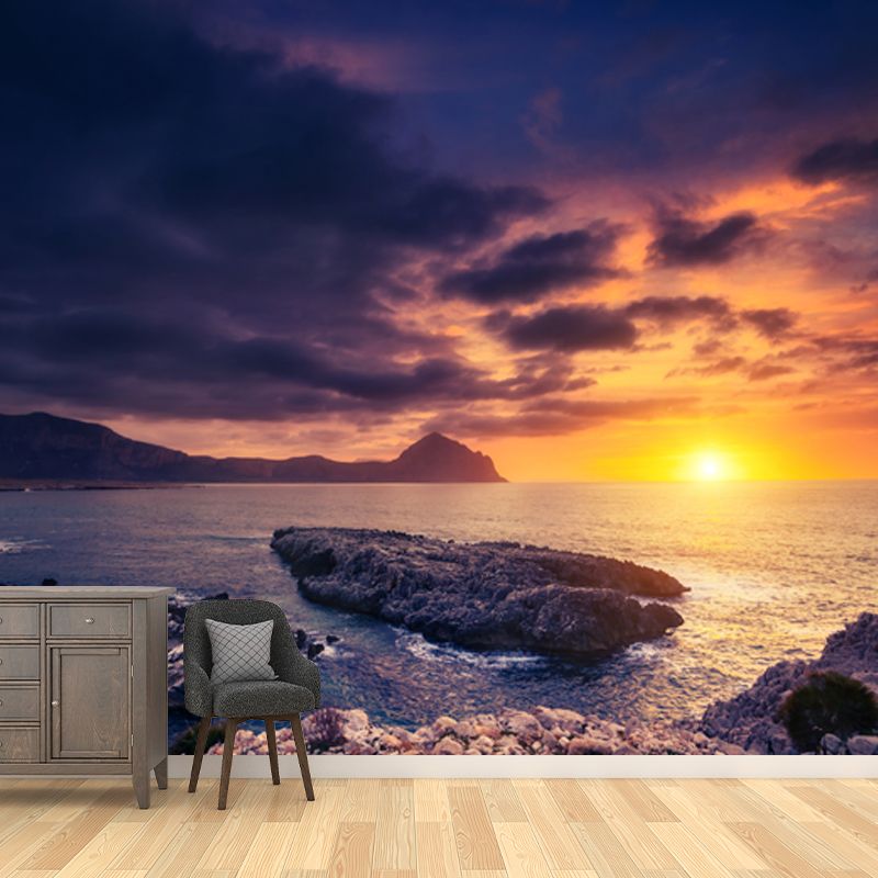 Custom Photography Tropix Mural with Sunset and Rocky Seashore Pattern in Yellow