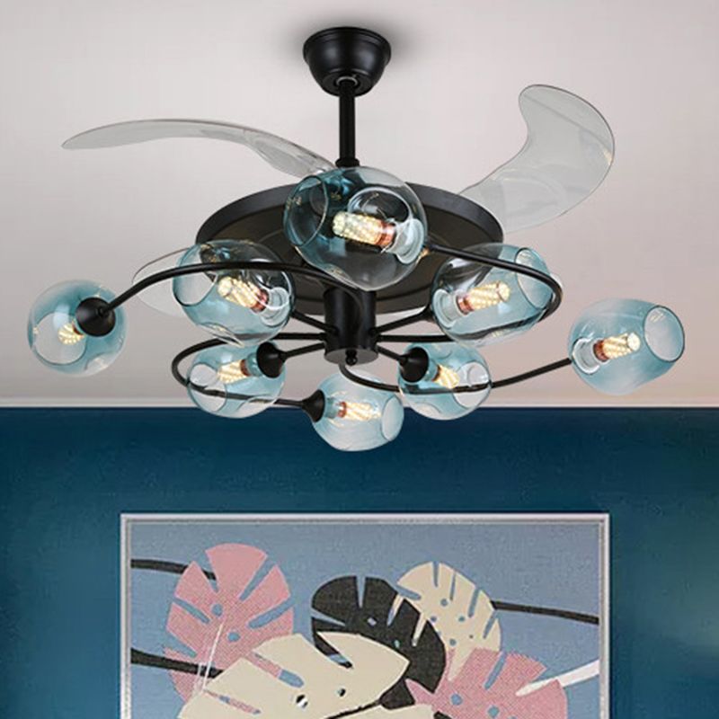 4 Blades Bedroom Hanging Fan Lamp Postmodern Remote Control Semi Flush Mount Light with Cup Glass Shade, 42 Inches Wide