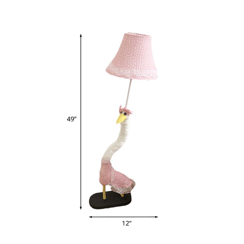 Lace-Trim Flared Dotted Fabric Floor Lamp Cartoon Single Pink Standing Floor Light with Plush Goose Base