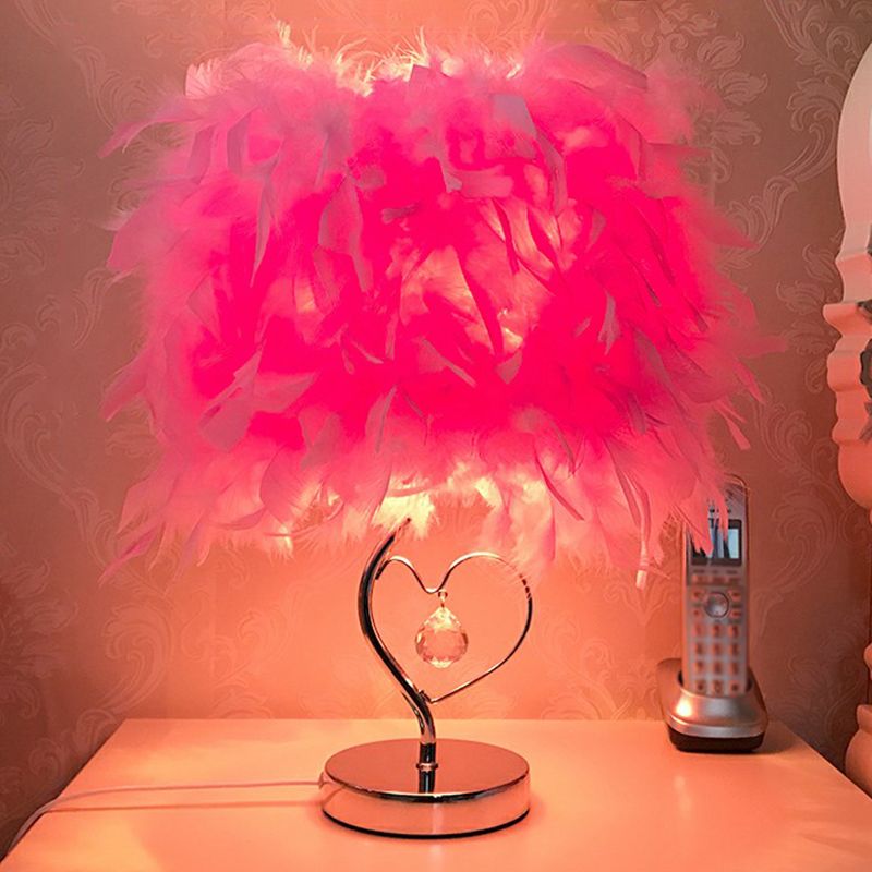 Cylindrical Nightstand Lamp Modern Style Feather Bedroom Table Light with Crystal Drip