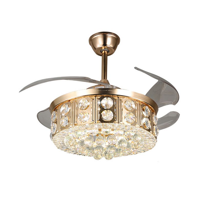 4 Blades LED Bedroom Semi Flush Light Modernism Gold Pendant Fan Lamp with Drum Crystal Block and Orbs Shade, 19" W