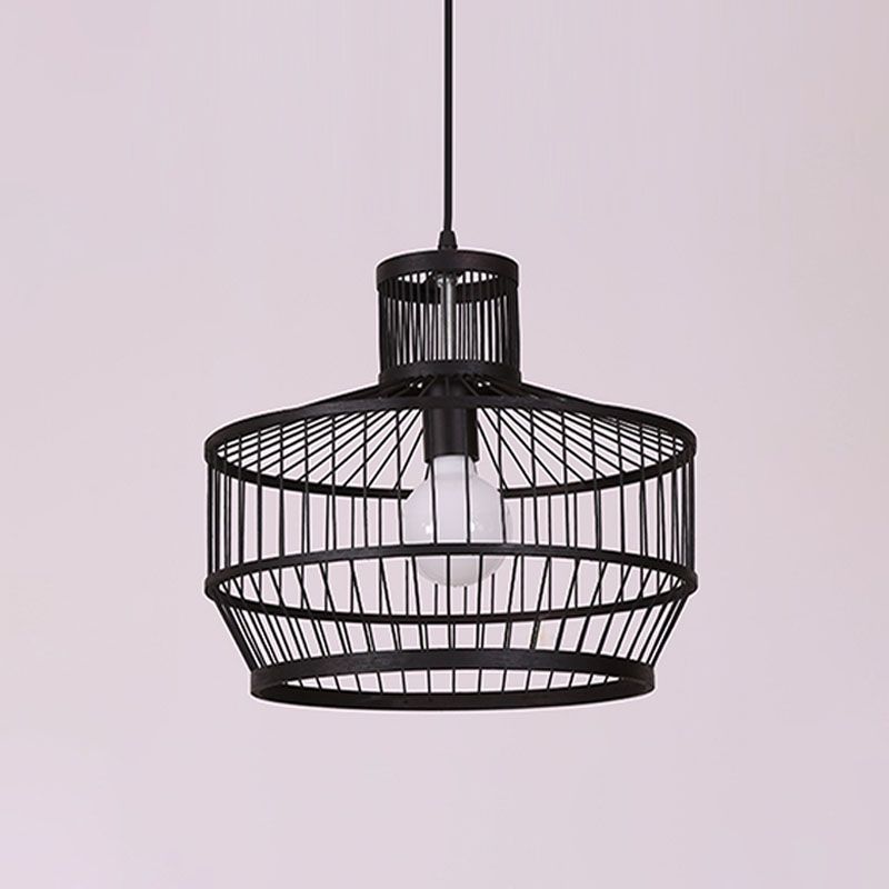 Bamboo Cage Style Pendant Lighting Chinese 1-Light Black Ceiling Suspension Lamp