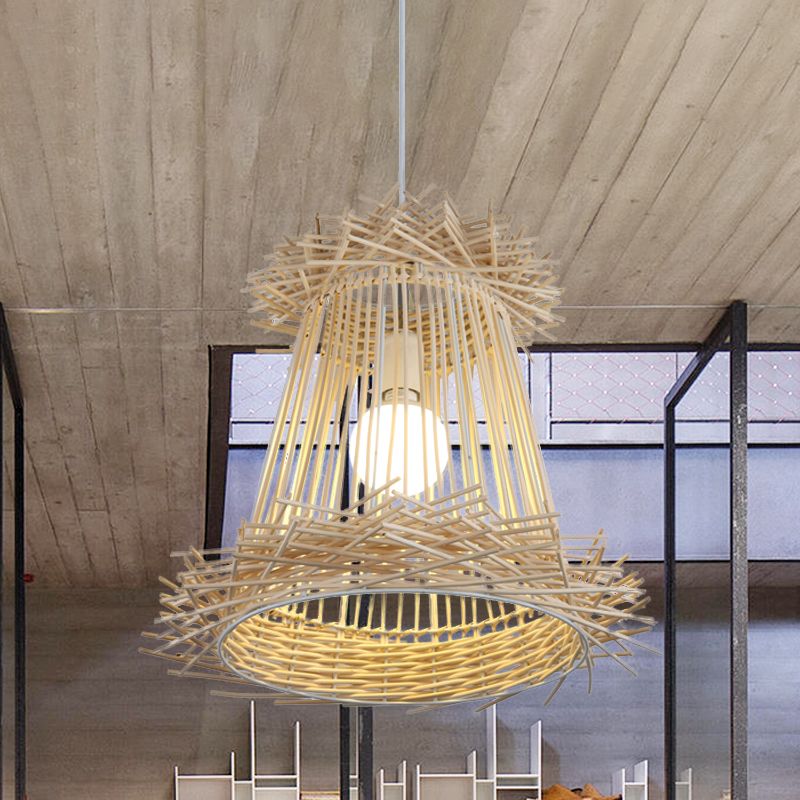 Rattan Cone Shade Ceiling Pendant Lamp Japanese One Light Wood Hanging Light for Dining Room