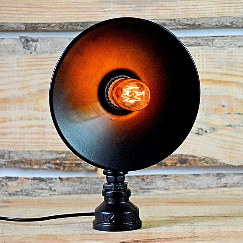 Industrial Flared Shade Night Lamp 1-Bulb Iron Table Light in Black with Decorative Red Valve