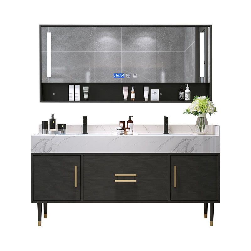 Double Sink Vanity Set 2 Doors Rectangle Freestanding Metal Frame Vanity with Mirror