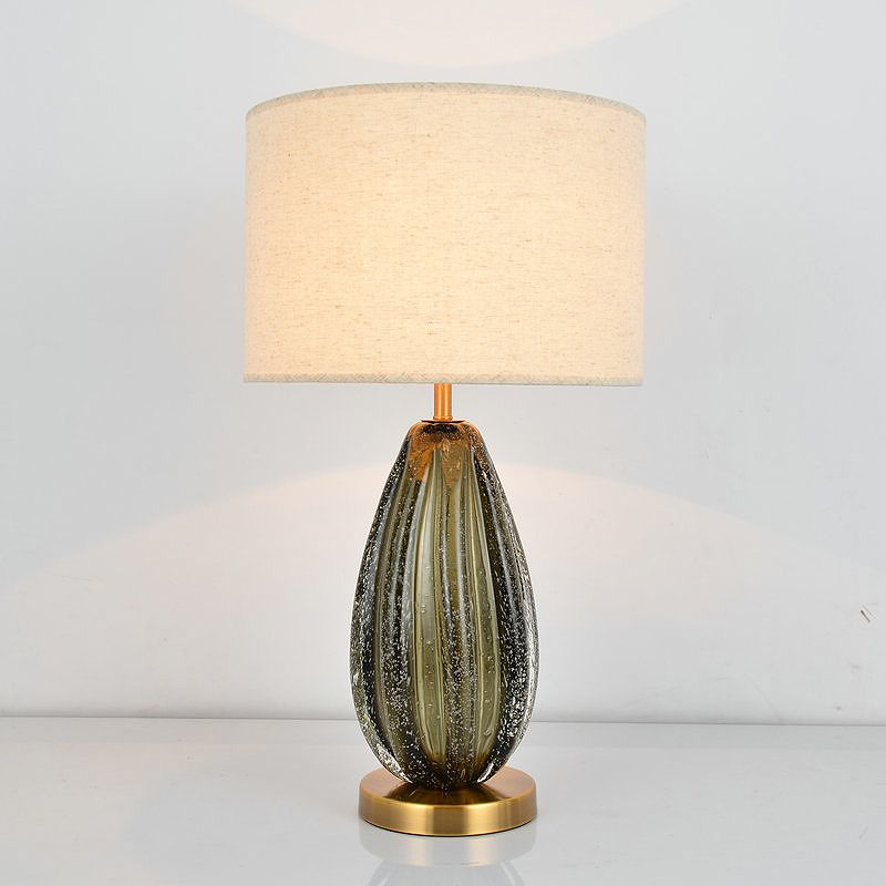 1-Light Melon Table Lamp Ideas Vintage Hand-Worked Green Bubble Glass Night Lighting with Gold/Black/Flaxen Fabric Shade