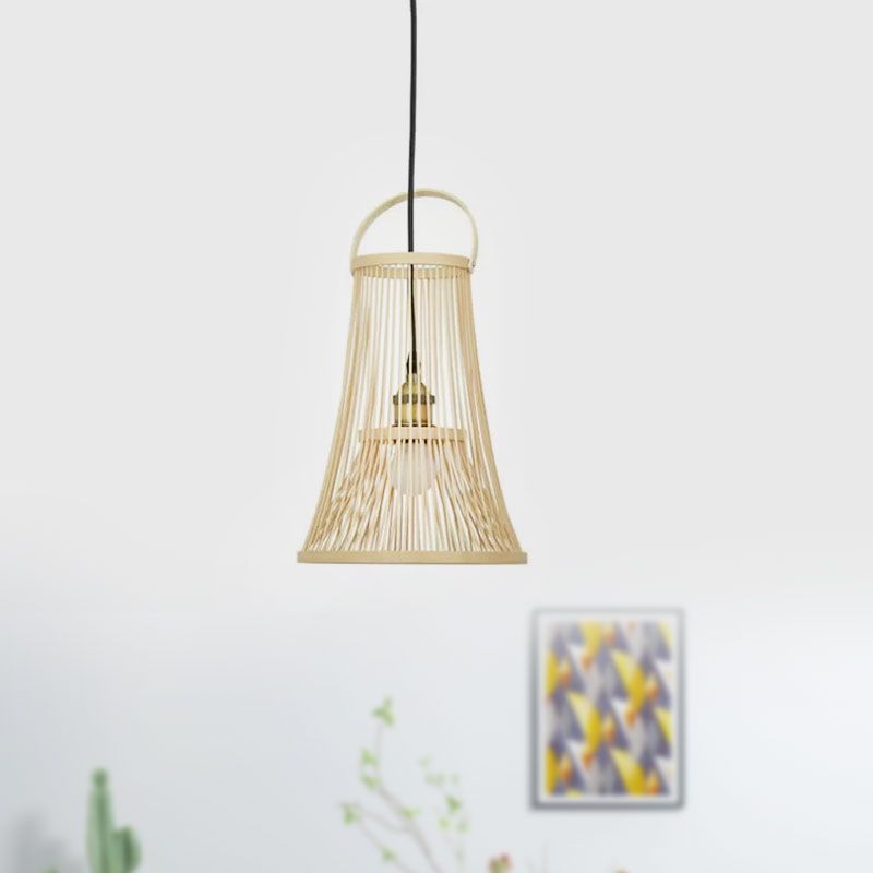 Bamboo Trumpet Shade Hanging Light Asian Style 1 Bulb Beige Pendant Ceiling Light with Arched Handle