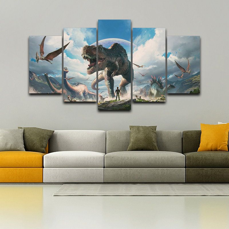 Fictional Dinosaurs Wall Decor Blue Jurassic Park Scene Canvas Art for Boys Bedroom