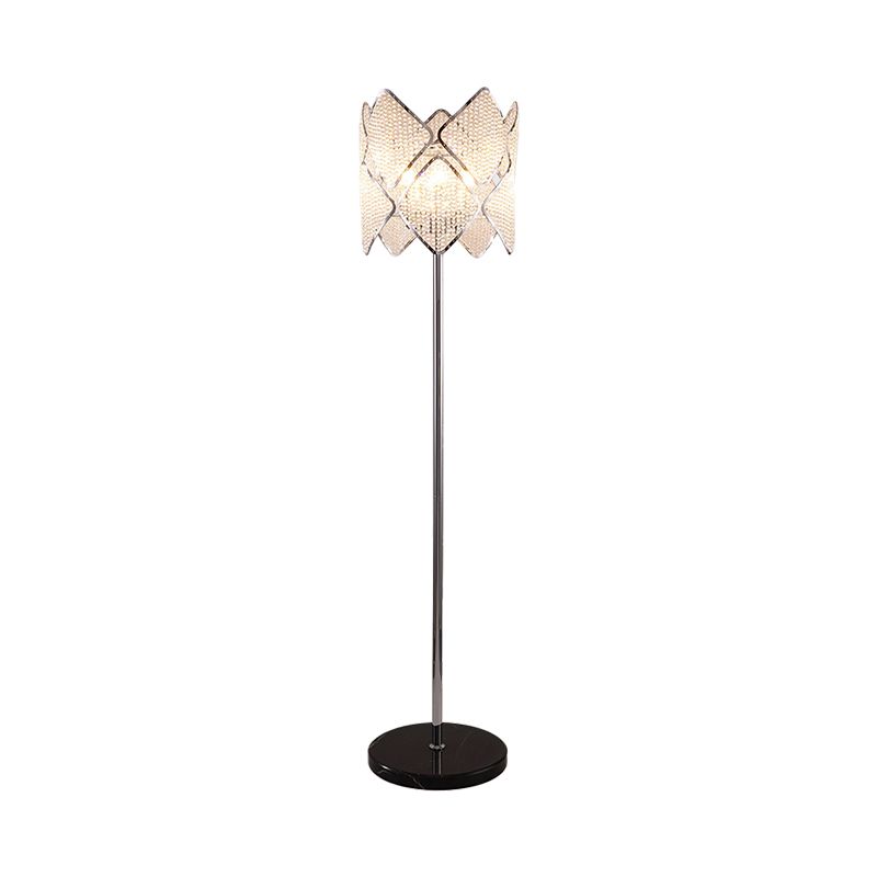 Round Parlor Standing Floor Lamp Modern Clear Crystal Strand 1 Head Gold/Chrome Floor Light with Rhombus Design