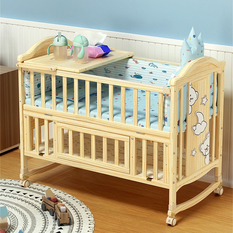 Pine Nursery Crib Scandinavian Baby Crib with with Guardrail and Mattress