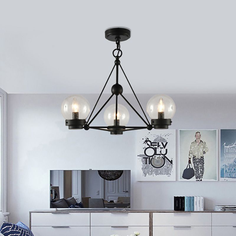 Ball Living Room Chandelier Pendant Clear Frosted Glass 3 Lights Modern Hanging Ceiling Light in Black with Triangle Design