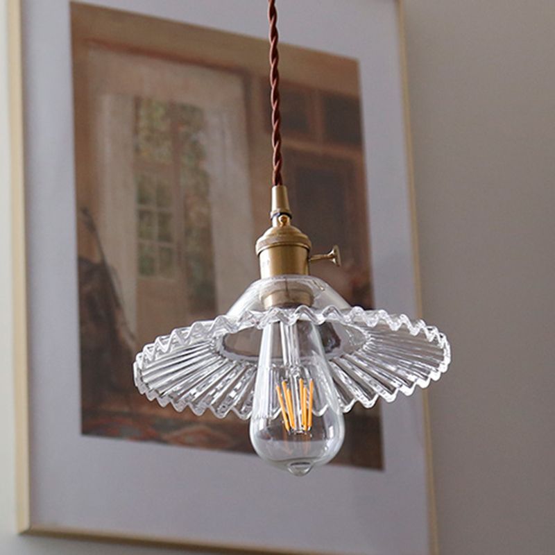 8.66'' Width Brass Pendant Light Industrial Scalloped Glass Shade Mini Hanging Lamp for Coffee Shop