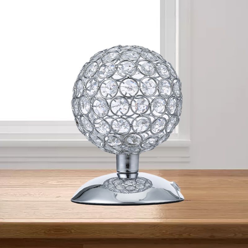 Sphere Night Table Light Modern Crystal-Encrusted Shade 1 Bulb Chrome Small Desk Lamp