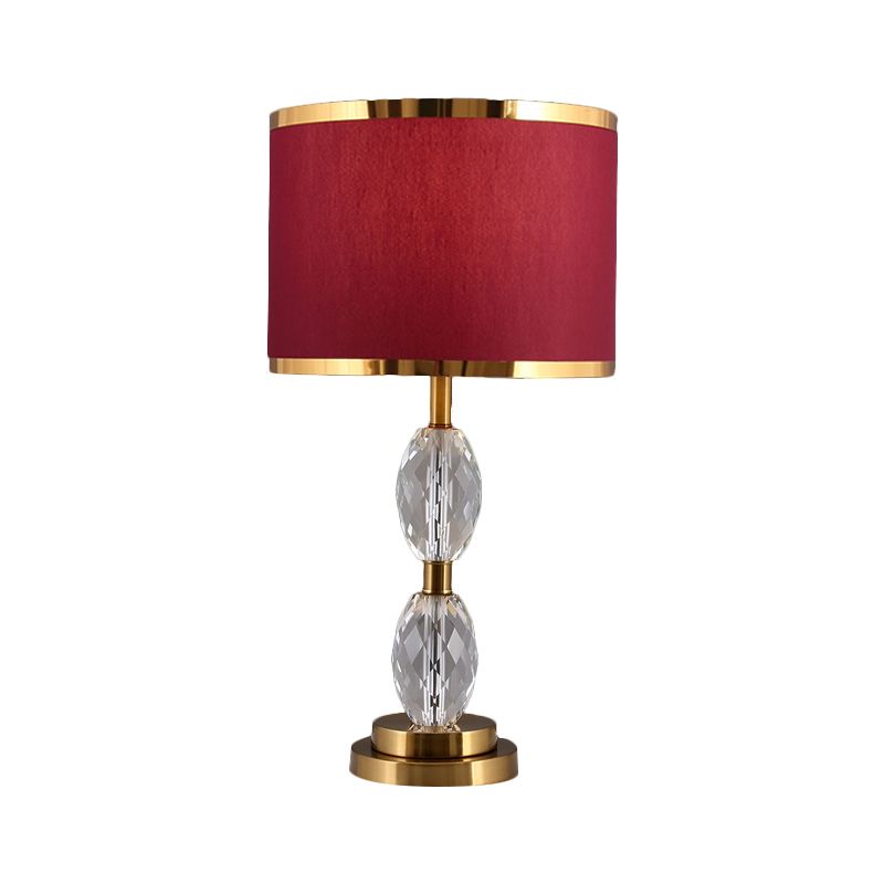 1 Head Crystal Table Light with Drum Shade Fabric Traditional Drawing Room Nightstand Lamp in Red/Beige