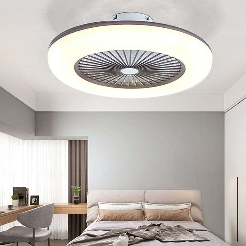 Circular Dorm Room LED Ceiling Fan Lighting Metal Macaron Invisible-Blade Semi Flush Mount Fixture