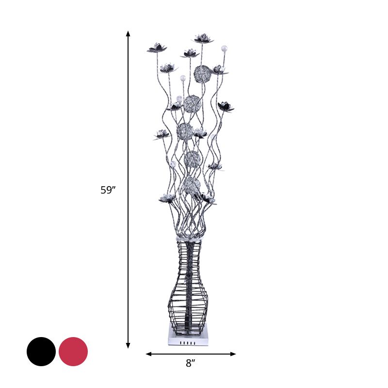 Aluminum Tree Branch Stand Up Light Decorative Bedside LED Bloom Floor Lamp with Vase Pedestal in Black and Silver/Red