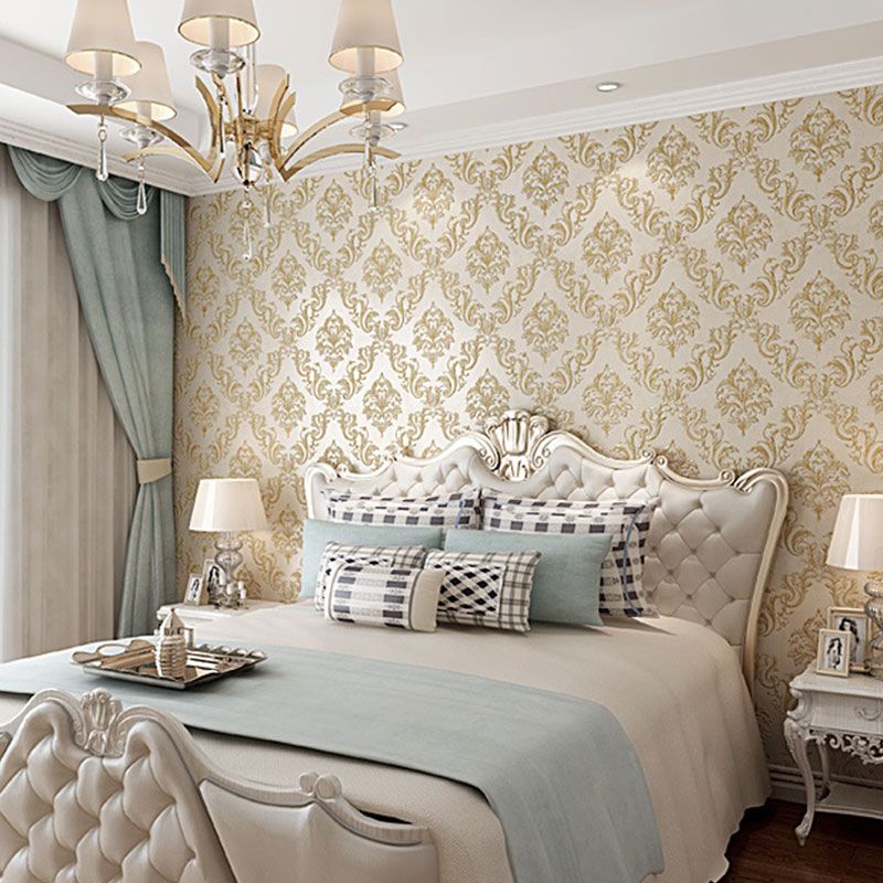 Stain-Resistant Wall Decor Non-Pasted 3D Print Damasque Non-Woven Wallpaper in Neutral Color