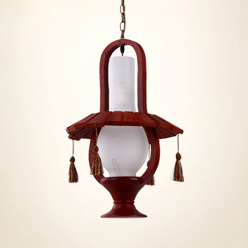 Kerosene Opal Glass Hanging Light Fixture Retro Style 1-Bulb Dining Room Ceiling Lamp in Red Brown with Wood Frame