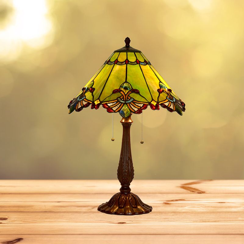 Emerald Green Glass Bronze Table Lamp Swan-Edge Conical 2-Bulb Baroque Style Nightstand Light