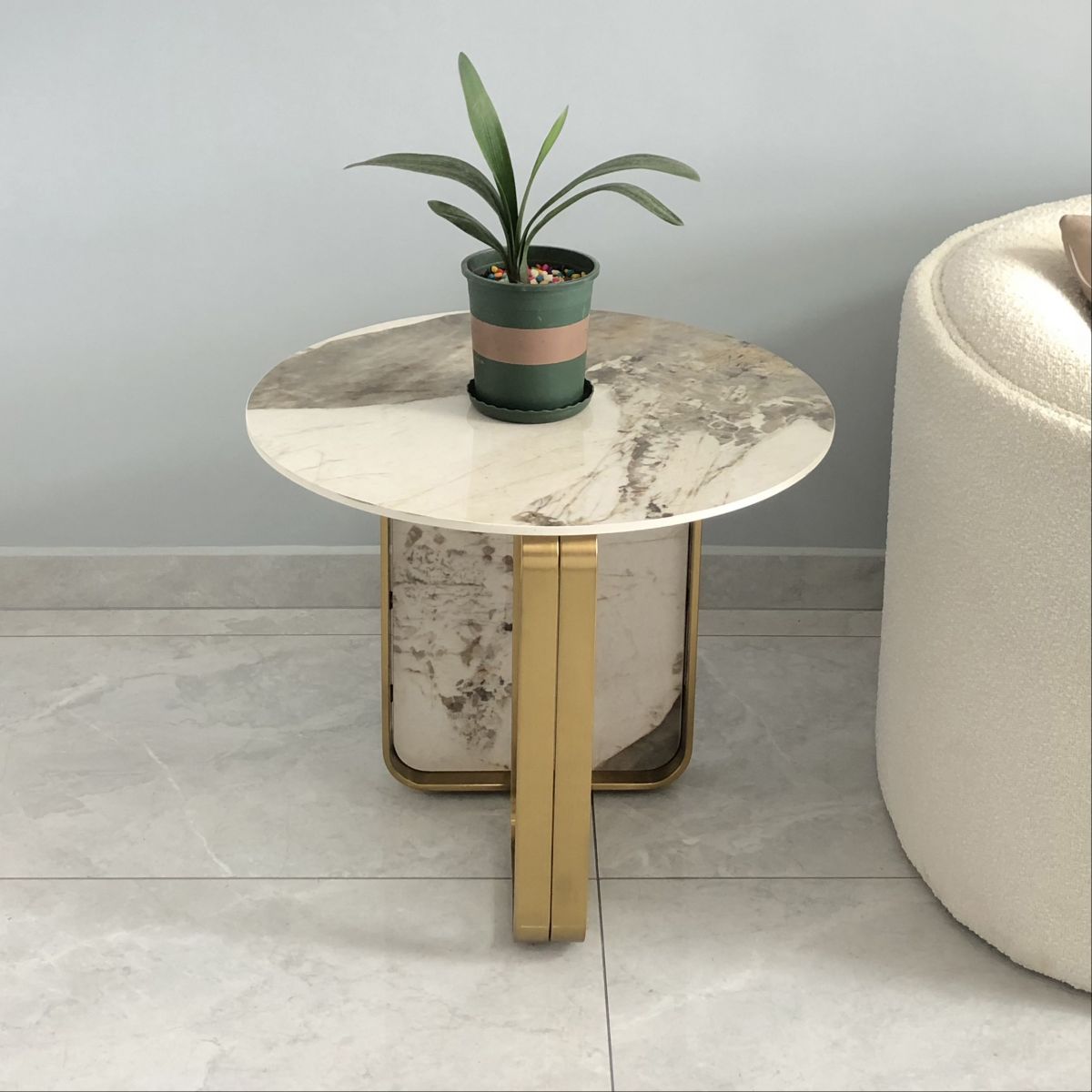 Contemporary Gold Metal Sofa Side Accent Table  with Sintered Stone Top