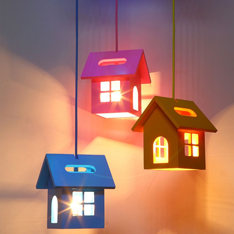 House Shaped Wood Multi Hanging Light Fixture Kid 3-Light Blue Ceiling Pendant for Bedroom