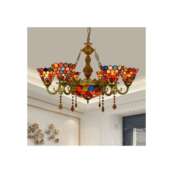 7 Lights Cone Hanging Light Tiffany Stained Glass Chandelier Light with Colorful Circle Pattern for Living Room