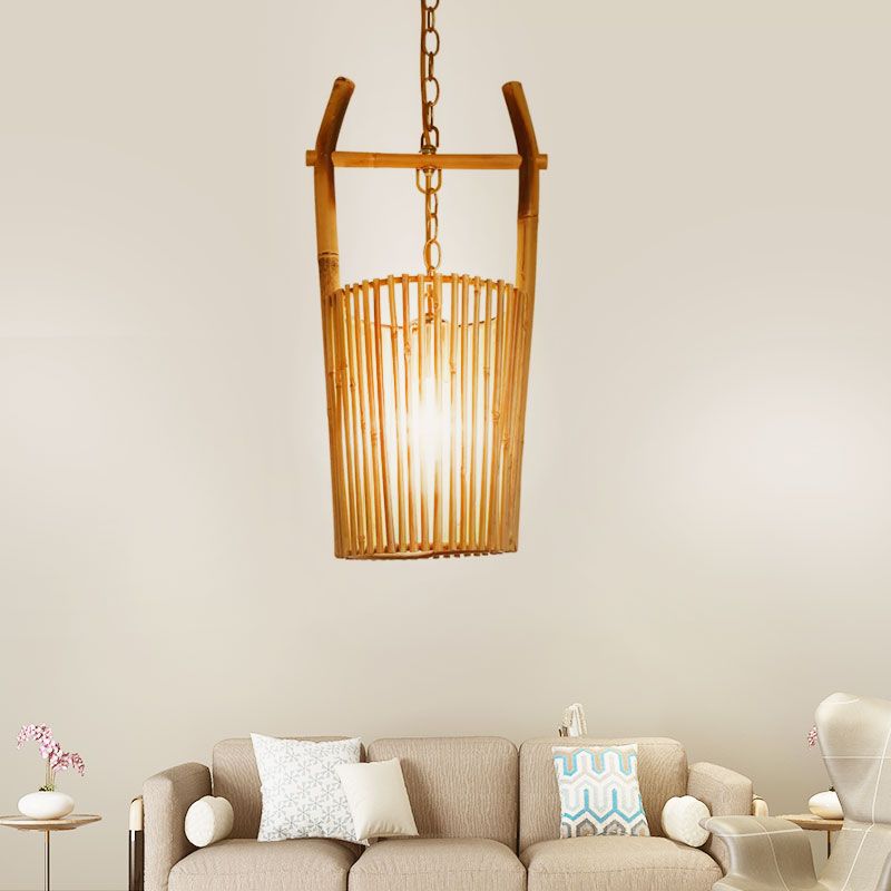 1 Éclairage pendentif pour restauration en tête avec godet Bamboo Shade Lodge Élégant luminaire de plafond beige