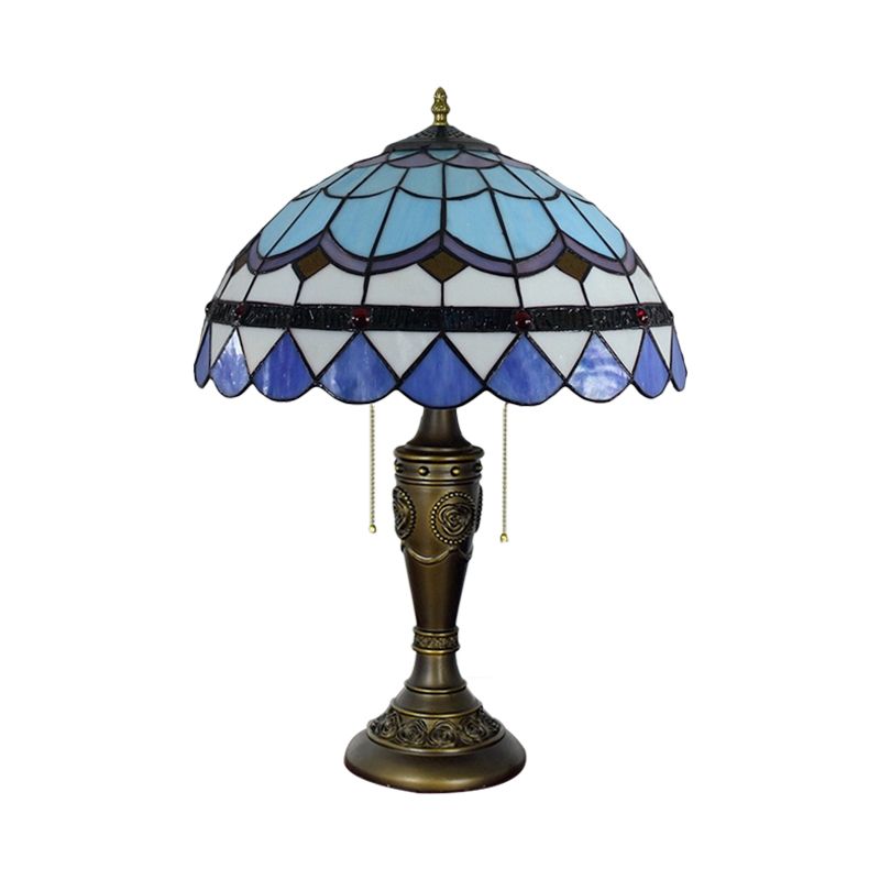 2 Heads Night Stand Lamp Mediterranean Teardrop-Edge Blue and White/Scroll Beige Glass Table Light with Pull Chain