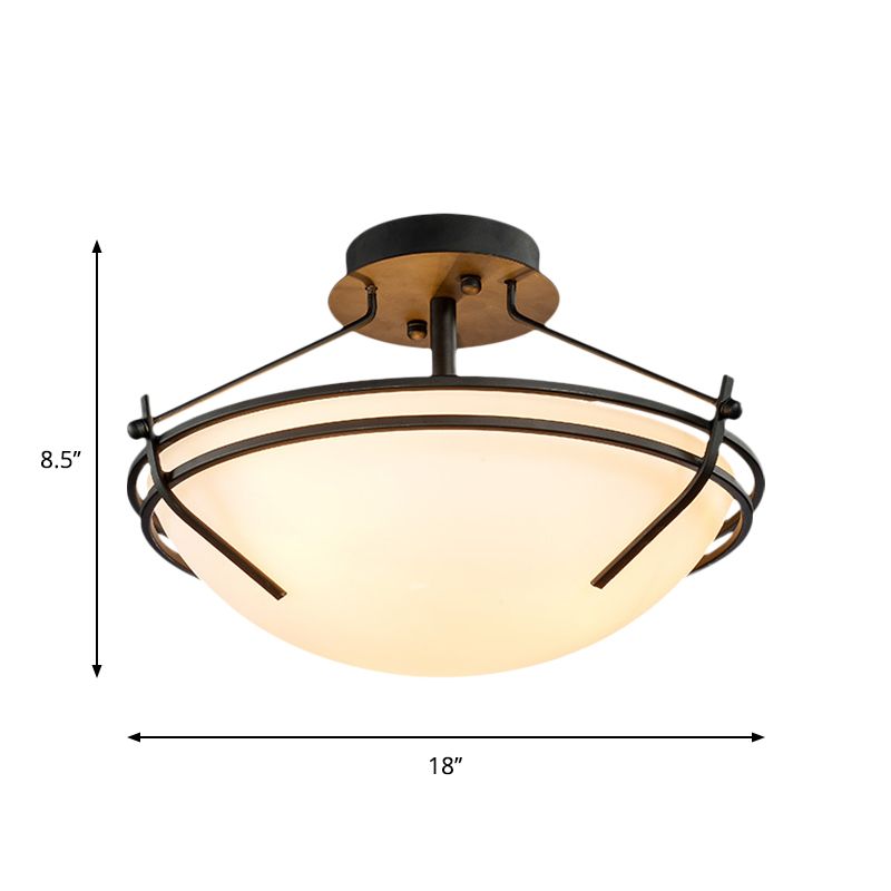 Bowl Bedroom Semi Flush Mount Traditional Opaque Glass 3 Heads Black Ceiling Light Fixture