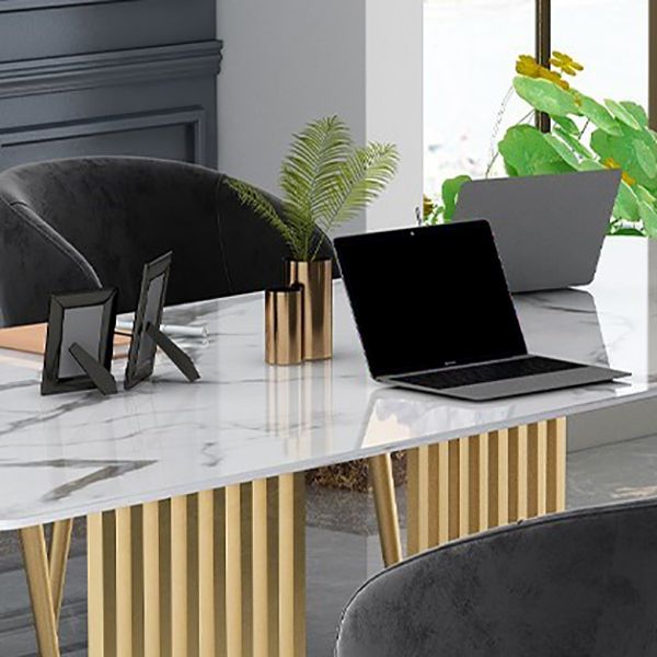 Rectangular Shaped Stone Conference Table 2 Legs Writing Desk in Gold/Black