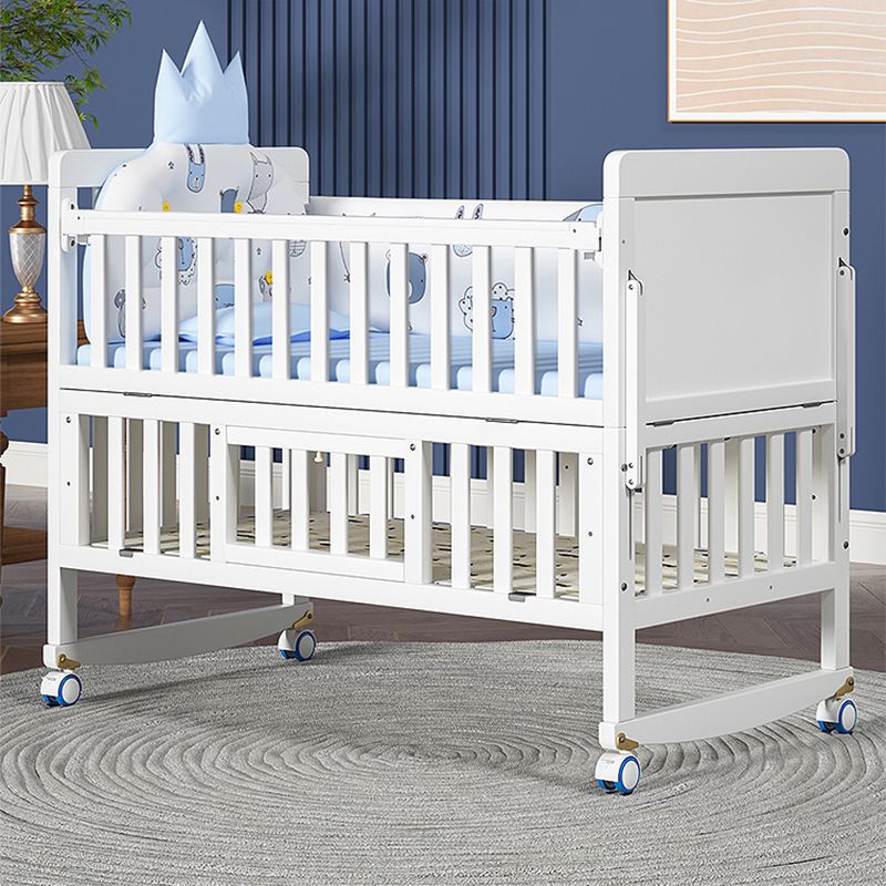 Rectangle White Solid Wood Crib 5-In-1 Convertible Crib with Casters