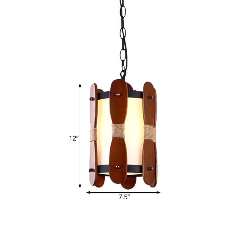 1 Light Drop Pendant Industrial Corridor Wood Ceiling Lamp with Cylinder Cream Glass Shade in Brown