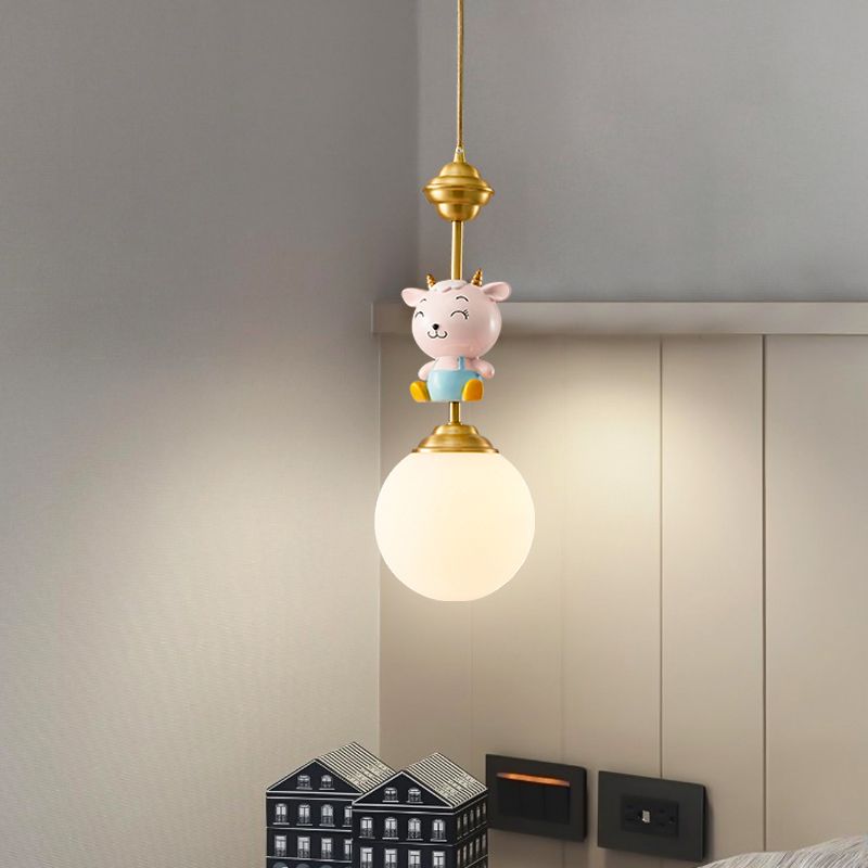 Cartoon Sphere Ceiling Light Opal Glass Single Bedroom Hanging Pendant Light with Decorative Sheep in Gold