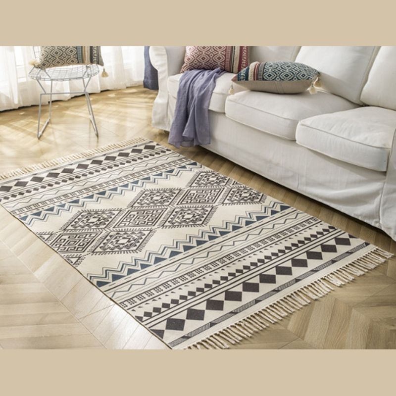 Vintage Americana Printed Rug Cotton Blend Area Rug Bohemian Fringe Indoor Carpet for Home Decor
