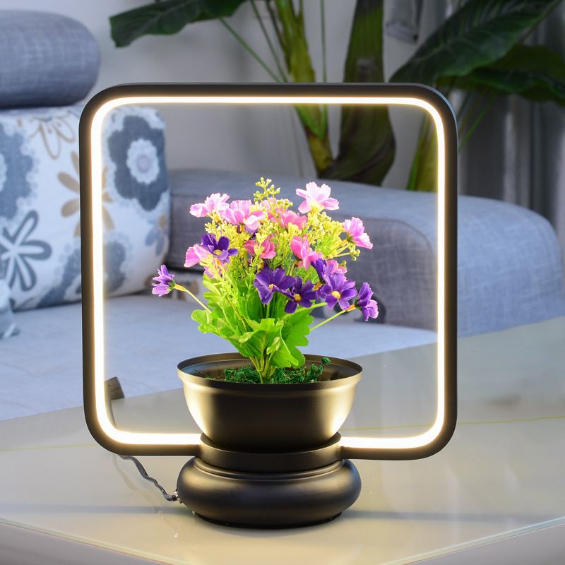 Round/Square Bedroom Table Light Industrial Metal LED Black/White Night Lamp with Plant Decoration, Warm/White Light