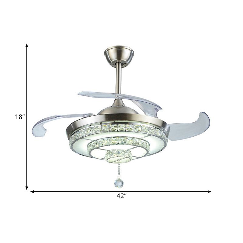 LED-gelaagde ronde plafondventilator licht Hedendaagse nikkelkristallen 4-blade semi-flush mount, 19 "breed