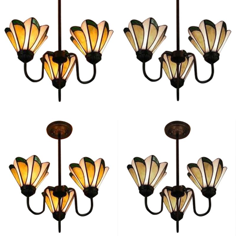 Yellow Conical Hanging Light 3 Heads Tiffany Traditional Stained Glass Ceiling Pendant for Hotel