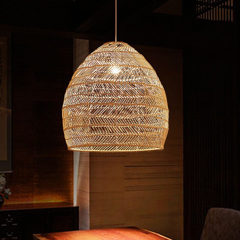 Single-Bulb Restaurant Hanging Lamp Minimalist Ceiling Light with Cloche Rattan Shade