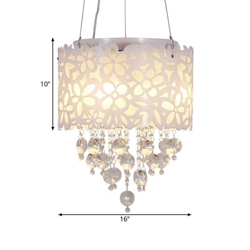 4 Heads Drum Hanging Lamp Contemporary Metal Chandelier Lighting in White with Crystal Droplets