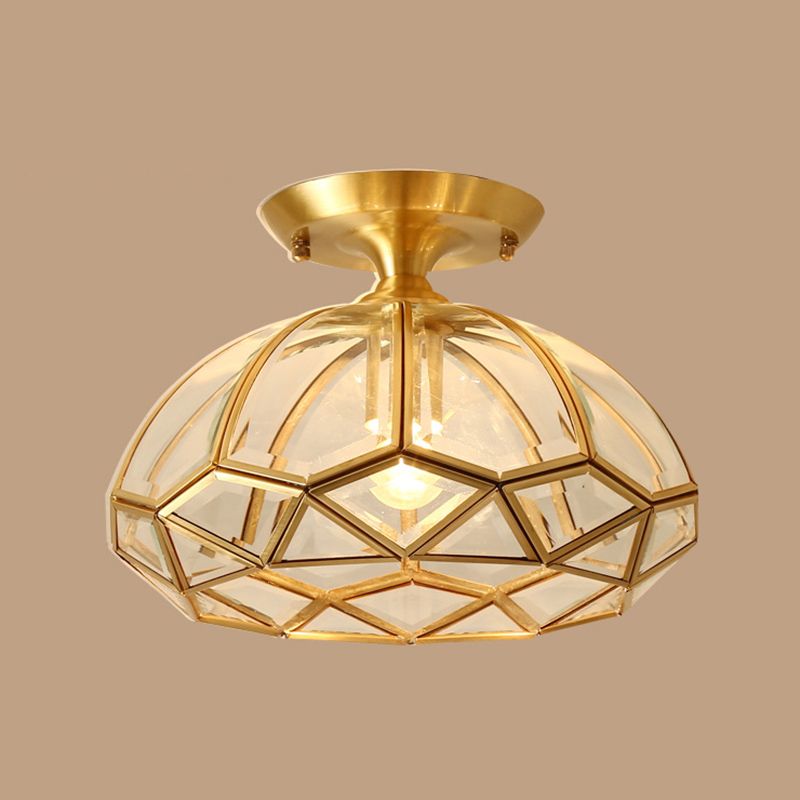 Colonial Style Bowl Ceiling Lighting 1-Light Clear Glass Semi Flush Mount Light in Brass