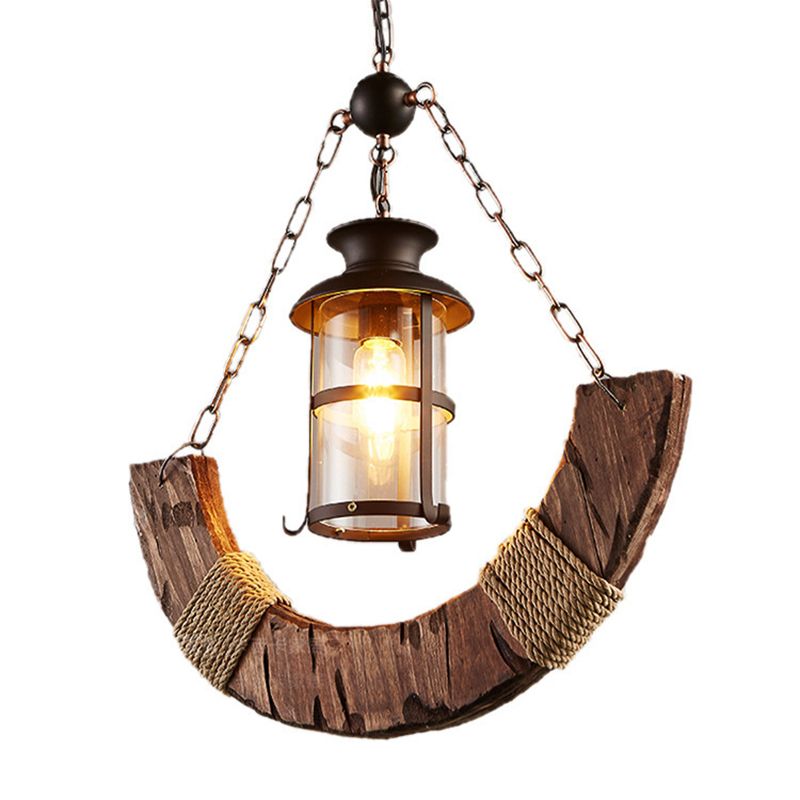 Clear Glass Cylindrical Ceiling Light Industrial 1 Head Restaurant Hanging Pendant Light in Distressed Wood