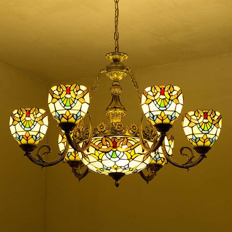 Bowl-Shaped Chandelier Light Fixture Stained Glass Tiffany-Style Pendant Chandelier Beige