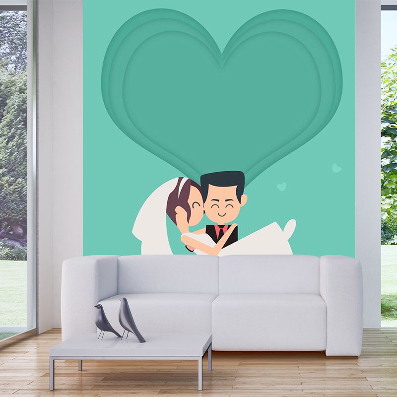 Newlyweds Wall Murals Cartoon Style Stain Resistant Bedroom Wall Decoration, Personalized Size