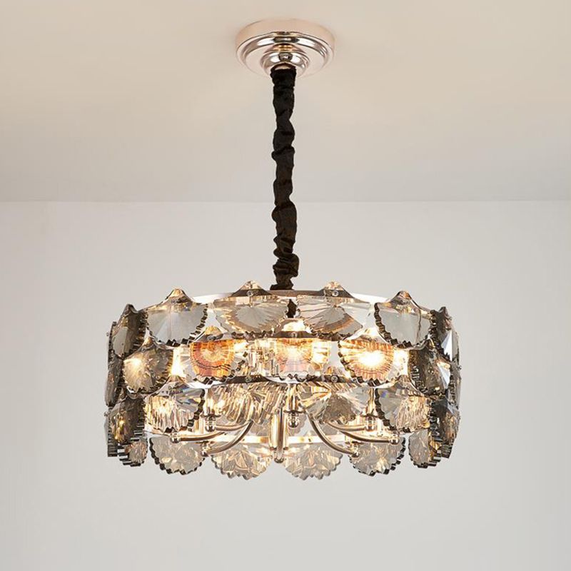 Modernist Drum Ceiling Chandelier Gray Crystal Block 6 Bulbs Kitchen Pendant Lamp in Gold