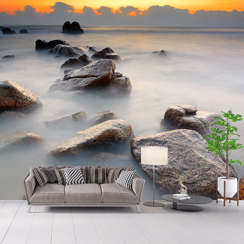 Blue Sunrise Scenery Mural Decal Stone in Foggy Water Tropix Waterproofing Wall Art