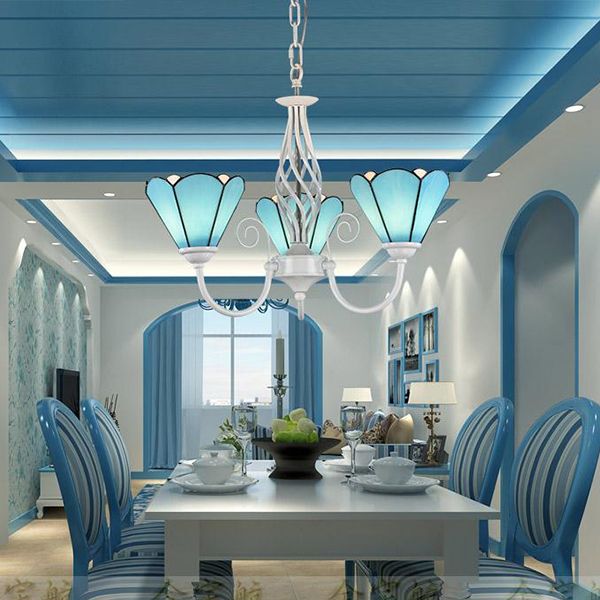 Blue Glass Cone Chandelier Light with Hanging Chain Traditional 3 Lights Indoor Lighting for Dining Room