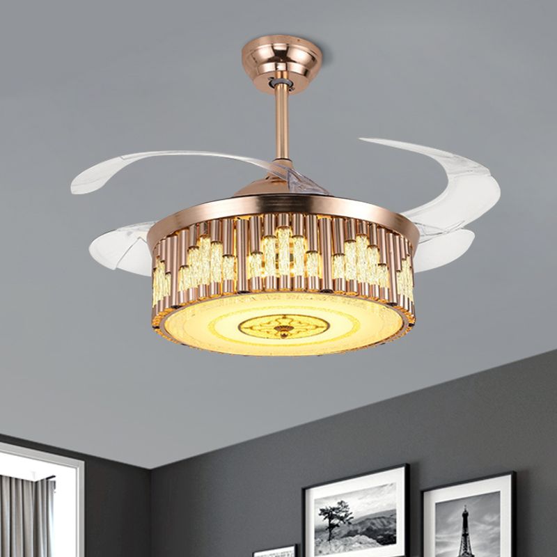 19" W Drum Parlor Pendant Fan Light Faceted Crystal LED Modernism Semi Flush Lighting in Gold, 4-Blade